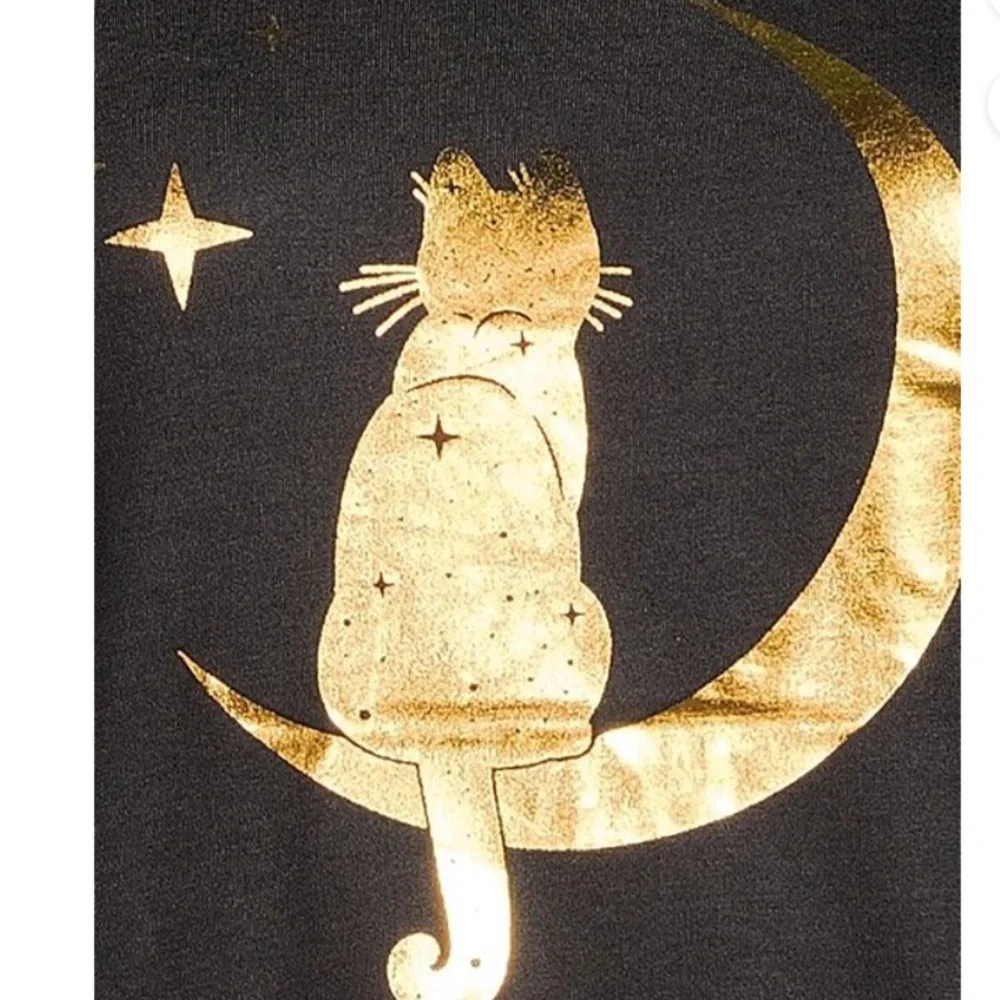 Halloween Womens Black Meow Moon Cat Short Sleeve Tee Shirt - Picture 4 of 11